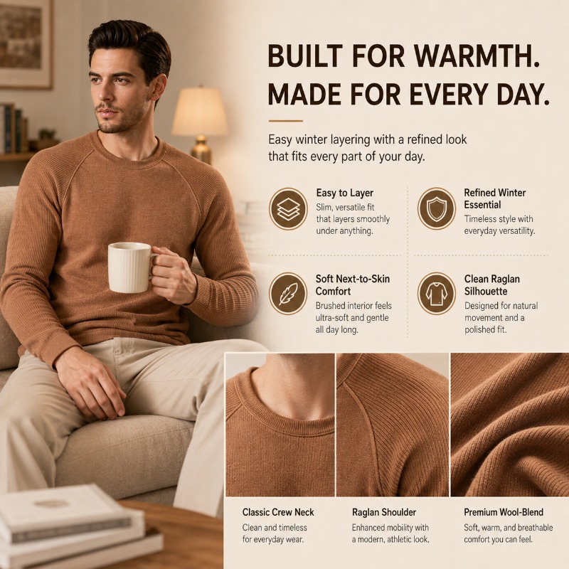 Men Fleece Lined Wool Crew Nec - Undershirt Crew Neck ulasan dan harga